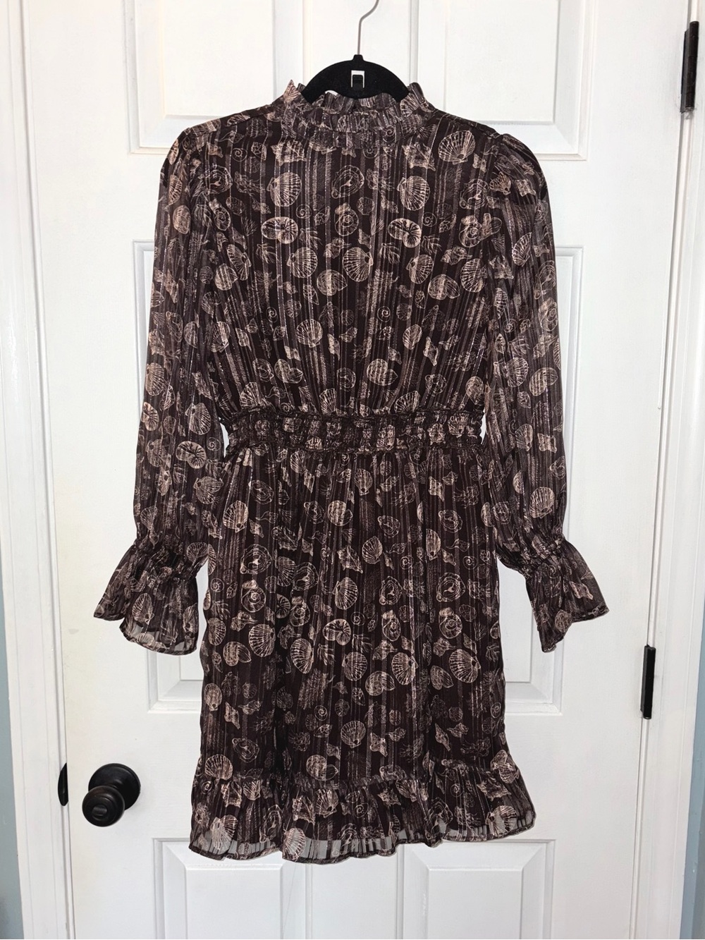 Vero Moda Brown Oyester Shell Metallic Long Sleeve Ruffle Dress